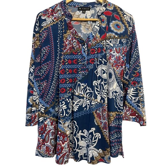 N Touch Women’s 1X Multicolor Floral Boho Tunic Top Button Details Blue Red - Picture 1 of 15